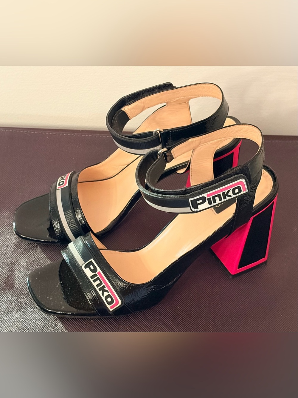 PINKO RAME Patent Leather Block High Heels In Fuchsia And Black Womens EU 39 - Picture 2 of 15